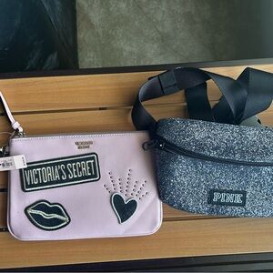 Victoria's Secret Lavender Patch Wristlet & Glitter Black PINK Belt Bag